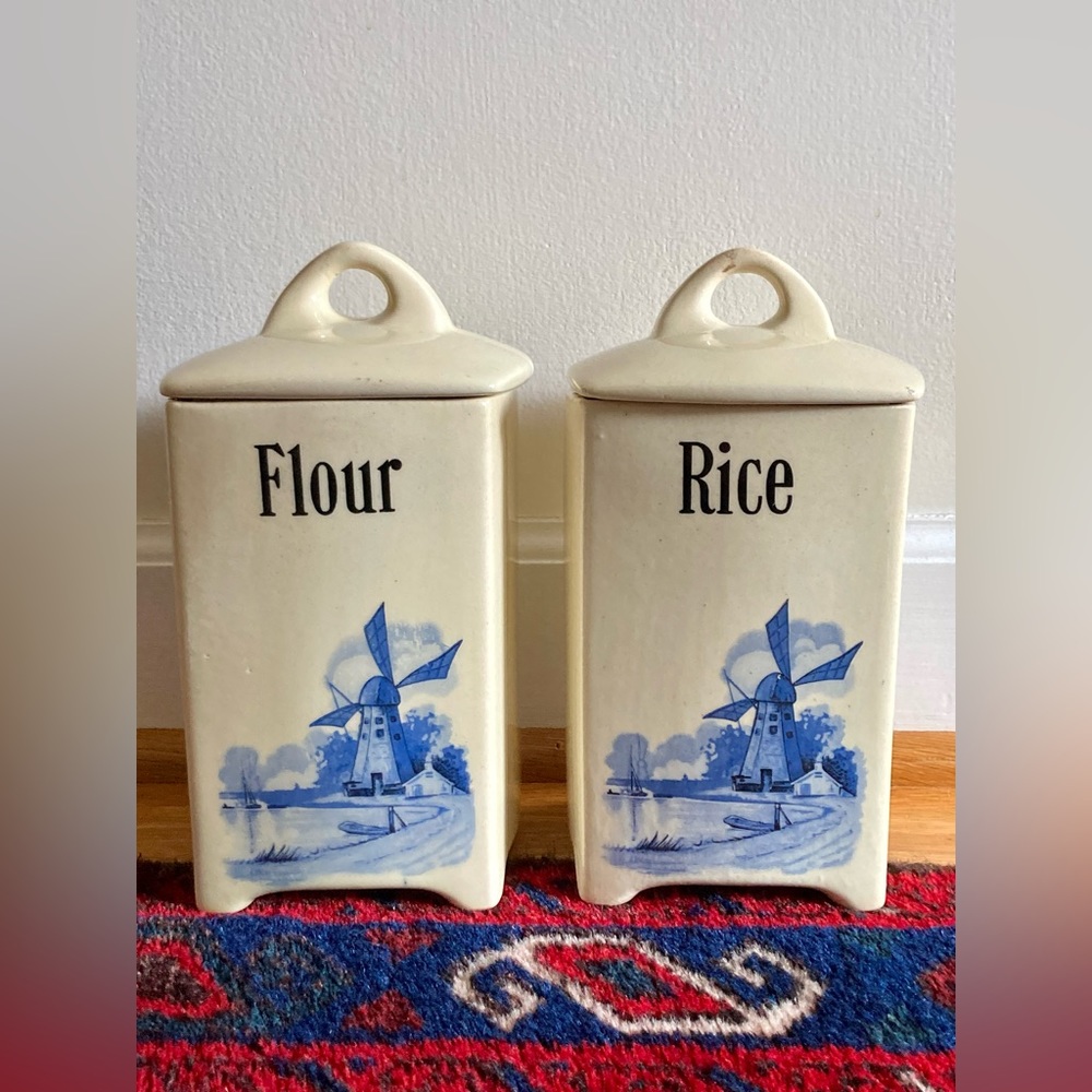 VINTAGE Ceramic Flour & Rice Canisters with Dutch Blue Windmill - Cream